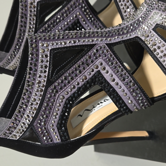 NINA FLAVOR - LS BLACK STEEL EMBELLISHED SATIN HIGH HEELS EVENING 6.5 W BOX - Picture 11 of 16